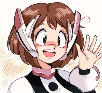 1980s_(style) 1girl blush boku_no_hero_academia brown_eyes brown_hair commentary commission eyelashes headset jenna_(rainynebula) looking_at_viewer oldschool open_mouth retro_artstyle short_hair solo teeth upper_teeth_only uraraka_ochako