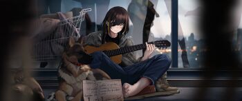 1girl absurdres amputee bandaid bandaid_on_face barefoot boots box brown_hair busking camouflage camouflage_jacket cardboard_box chinese_commentary collar commentary commission denim dog english_commentary english_text eyepatch feet girls'_frontline guitar highres homeless instrument jacket jeans m16a1_(girls'_frontline) military_jacket mixed-language_commentary mole mole_under_eye multicolored_hair pants reflection second-party_source shopping_cart shuten_(project_sky) solo_focus streaked_hair toes unworn_footwear