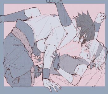 1boy 1girl blush haruno_sakura hetero highres kbuc339 leg_on_another&#039;s_shoulder looking_at_another naruto_(series) stuck_in_a_box sweat uchiha_sasuke unfinished