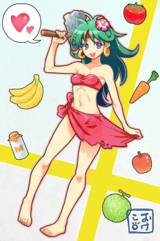 1girl apple arm_up axe banana bare_legs barefoot blue_eyes bottle breasts carrot character_request cleavage copyright_request dutch_angle earrings flower food fruit full_body green_hair hair_between_eyes hair_flower hair_ornament happy headband heart holding holding_axe holding_weapon hoop_earrings jewelry looking_at_viewer melon milk_bottle okeko open_mouth outline red_headband red_tube_top signature simple_background skinny skirt solo speech_bubble spoken_heart strapless tomato torn_clothes torn_skirt tube_top weapon