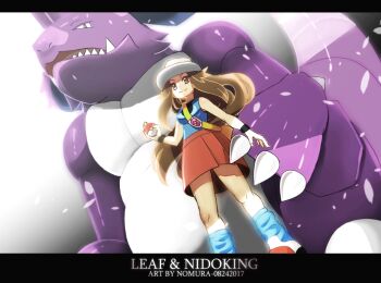 1girl artist_name backlighting blue_shirt blue_socks brown_hair character_name claws closed_mouth dated gen_1_pokemon hat leaf_(pokemon) letterboxed long_hair nidoking nintendo nomura_(arumon) poke_ball poke_ball_(basic) pokemon pokemon_(creature) pokemon_frlg red_skirt shirt skirt sleeveless sleeveless_shirt smile socks vs_seeker white_hat