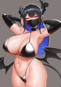1girl alternate_breast_size_(larger) asymmetrical_horns bikini black_bikini black_hair black_wings blue_hair blush breasts cipher4109 commentary demon_girl demon_tail demon_wings english_commentary grey_background highres hololive hololive_english horns huge_breasts long_hair mask mouth_mask multicolored_hair nerissa_ravencroft pink_eyes simple_background solo swimsuit tail two-tone_hair virtual_youtuber wings