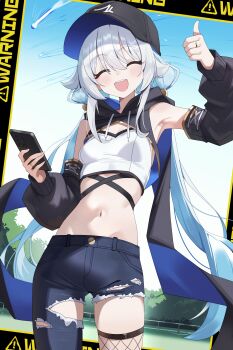 1girl :d ^_^ absurdres armpits asymmetrical_pants baseball_cap black_pants black_sleeves breasts cellphone closed_eyes cowboy_shot crop_top day detached_sleeves facing_viewer floating_hair hat highres holding holding_phone jewelry long_hair long_sleeves low_twintails mellow_kaede midriff navel open_mouth original outdoors pants phone ring small_breasts smartphone smile solo standing stomach thumbs_up torn_clothes torn_pants twintails very_long_hair white_hair
