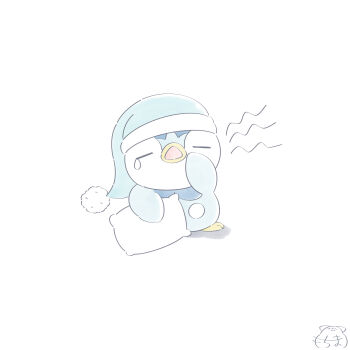 Rule 34 | closed eyes, clothed pokemon, commentary request, full body, gen 4 pokemon, hat, highres, holding, holding pillow, mochimaro (infj oekaki), nightcap, nintendo, no humans, open mouth, pillow, piplup, pokemon, pokemon (creature), simple background, sleepy, solo, tears, white background