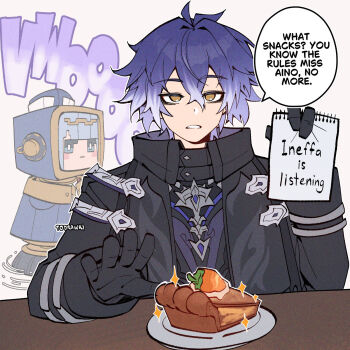 1boy antenna_hair artist_name birgitta_(genshin_impact) black_capelet black_coat black_gloves blue_hair cake cake_slice capelet carrot_cake coat collared_capelet commentary crossed_bangs english_commentary english_text flins_(genshin_impact) food genshin_impact gloves gradient_hair hair_between_eyes hair_intakes hand_up highres holding holding_notepad ineffa_(genshin_impact) long_hair long_sleeves looking_at_viewer male_focus multicolored_hair notepad parted_lips plate purple_shirt robot shirt simple_background sitting sleeve_cuffs sound_effects sparkle speech_bubble table upper_body white_background wokiiarts yellow_eyes