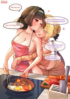 2girls absurdres apron areola_slip astra_yao bite_mark bite_mark_on_breast black_hair blonde_hair braid braided_bun breasts carrot cleavage commentary cooking cutting_board english_commentary english_text evelyn_chevalier fried_egg frying_pan hair_bun hairband heart highres holding holding_frying_pan holding_whisk hug hug_from_behind knife knife_block large_breasts lipstick_mark lipstick_mark_on_arm lipstick_mark_on_breast long_hair miimach7 multiple_girls one_eye_closed open_mouth orange_pants orange_shirt pajamas pants pink_apron pink_eyes puckered_lips purple_eyes shirt simple_background smile speech_bubble stove tomato whisk white_background white_hairband yuri zenless_zone_zero