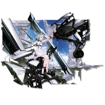 1girl animal_ear_fluff animal_ears anklet arknights arm_up bare_legs bare_shoulders barefoot blue_eyes breasts cat_ears cat_girl cuffs dress floating floating_object from_side full_body green_eyes grey_hair highres jewelry long_hair low_ponytail mechanical_wings official_alternate_costume official_art outstretched_arm ponytail rosmontis_(arknights) rosmontis_(become_anew)_(arknights) shackles sitting sky sleeveless sleeveless_dress small_breasts solo transparent_background very_long_hair white_dress white_hair wings yui_(niikyouzou)