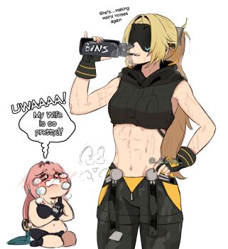 2girls abs absurdres alternate_costume black_bra black_gloves black_nails black_pants black_shirt blindfold_mask blonde_hair blush bottle bra camouflage camouflage_pants chibi commentary covered_eyes cowboy_shot crop_top crying drinking english_commentary english_text fingerless_gloves gloves glowing_mask hand_on_own_hip highres holding holding_bottle hood jewelry latex_pants long_hair mask midriff multiple_girls muscular muscular_female navel necklace open_mouth palms_together pants pink_hair ponytail shirt simple_background speech_bubble sweat trigger_(zenless_zone_zero) tsukishiro_yanagi twitter_username underwear very_sweaty water_bottle white_shirt yuri zanqi zenless_zone_zero zipper_pull_tab