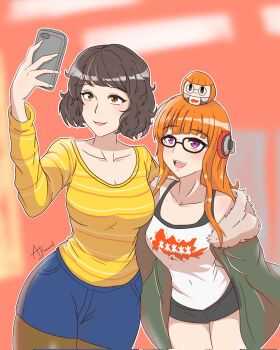 2girls ajcrowned breasts cellphone cleavage female_focus glasses headphones highres kawakami_sadayo long_hair medium_breasts multiple_girls orange_hair persona persona_5 phone purple_eyes sakura_futaba selfie short_hair short_shorts shorts