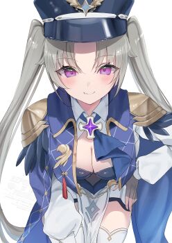 1girl absurdres black_hat breasts cleavage commentary_request fang fang_out fingerless_gloves gloves grey_hair hand_on_own_thigh hat highres laru_(stella_sora) long_hair long_sleeves looking_at_viewer nagi_(pickles_pipipi) peaked_cap purple_eyes simple_background skin_fang smile solo stella_sora thighhighs twintails white_background white_thighhighs