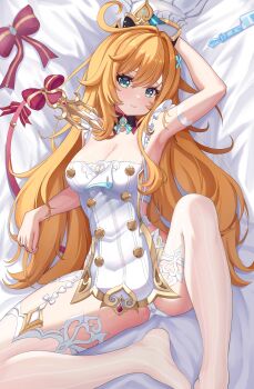 1girl absurdres apron arm_up armband armpits blonde_hair bow breasts chef_hat cleavage cowlick detached_collar escoffier_(genshin_impact) frills from_above garter_straps genshin_impact green_eyes hat highres knife long_hair looking_at_viewer lying mechanical_tail medium_breasts on_back paid_reward_available panties sharp_tail smile solo spread_legs tail tail_bow tail_ornament thighhighs underwear variant_set very_long_hair white_panties white_thighhighs yuito_0