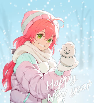 Rule 34 | 1girl, absurdres, ahoge, bare tree, beanie, coat, commentary, english text, eyelashes, green eyes, hair between eyes, hair ornament, hairclip, happy new year, hat, hepa, highres, holding, hololive, long hair, long sleeves, looking at viewer, mittens, new year, outdoors, pink coat, pink hair, pink hat, sakura miko, smile, snow, snowing, solo, teeth, tree, upper body, virtual youtuber, white mittens, winter, winter clothes