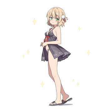 1girl babydoll bare_arms bare_shoulders blonde_hair blush breasts closed_mouth commentary_request full_body green_eyes grey_panties hatsunatsu indie_virtual_youtuber looking_at_viewer panties partial_commentary see-through_clothes shadow shigure_ui_(vtuber) simple_background small_breasts smile solo sparkle standing underwear underwear_only virtual_youtuber white_background