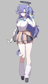 1girl animal_ear_fluff animal_ears arm_at_side arm_up bag black_halo black_shoes black_skirt blue_archive blue_scrunchie bow bracelet cat_ears cat_tail closed_mouth clothes_around_waist collared_shirt fingernails grey_background halo highres jewelry long_fingernails long_hair long_sleeves looking_at_viewer loose_socks miniskirt purple_eyes purple_hair scrunchie sensei_(blue_archive) shirt shoes shoulder_bag simple_background skirt sleeves_rolled_up socks solo striped_bow sweatdrop sweater sweater_around_waist tail taiyaki12 thighs v white_shirt wrist_scrunchie yuuka_(blue_archive)