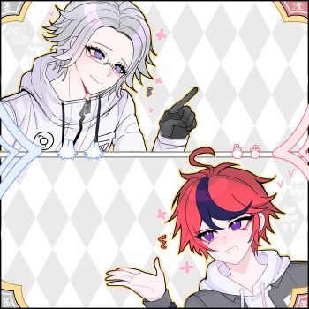 2boys :d ahoge aotsuki_eito black_gloves black_streaks blue_eyes character_doll commentary_request doll glasses gloves grey_hair grey_jacket highres hood hoodie jacket jacket_over_hoodie looking_at_another male_focus multicolored_hair multiple_boys open_clothes open_jacket open_mouth pointing purple_eyes red_hair ringed_eyes short_hair smile split_screen streaked_hair sumino_takumi the_hundred_line_-last_defense_academy- variant_set white_hoodie white_jacket xinjinjumin731189037684