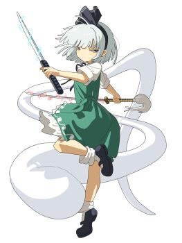 1girl black_bow black_bowtie black_hairband black_shoes bow bow_hairband bowtie dual_wielding frilled_skirt frills from_side green_skirt green_vest hairband highres hitodama holding holding_sword holding_weapon katana konpaku_youmu konpaku_youmu_(ghost) looking_at_viewer loose_socks mary_janes mozupoko shirt shoes short_hair simple_background skirt socks solo standing standing_on_one_leg sword touhou vest weapon white_background white_hair white_shirt white_socks