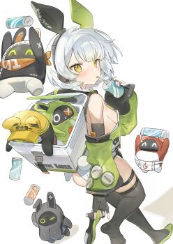 1girl anby_demara animal_ears bangboo_(zenless_zone_zero) bare_shoulders black_gloves breasts can detached_sleeves drink_can elbow_gloves fake_animal_ears fake_tail gloves green_shoes headphones high_heels highres insulated_delivery_bag jamama looking_at_viewer looking_back over-kneehighs playboy_bunny rabbit_ears shoes sideboob skindentation soda_can tail thighhighs tongue tongue_out white_hair zenless_zone_zero