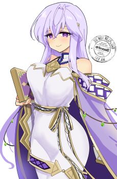 1girl bare_shoulders book breasts circlet dress fire_emblem fire_emblem:_genealogy_of_the_holy_war highres holding holding_book julia_(fire_emblem) large_breasts long_hair looking_at_viewer nintendo purple_eyes purple_hair sash simple_background smile solo wide_hips yukia_(firstaid0)