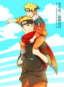2boys bandaged_arm bandages black_headband black_jacket blonde_hair blue_eyes carrying closed_eyes commentary_request dual_persona facial_mark forehead_protector grin headband jacket konohagakure_symbol male_focus multiple_boys naruto:_the_last naruto_(classic) naruto_(series) open-toe_shoes orange_jacket orange_pants pants red_scarf scarf shikaobing shoulder_carry smile uzumaki_naruto whisker_markings