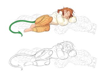 Rule 34 | 1girl, arm support, barefoot, blanket, closed eyes, commentary, english commentary, greekceltic, jacky (greekceltic), long sleeves, medium hair, orange hair, orange pants, original, pants, shirt, simple background, sketch, sleeping, solo, tail, white background, white shirt, yellow pants