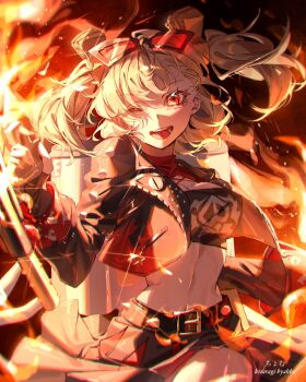 Rule 34 | 1girl, artist name, black jacket, black skirt, black tube top, blonde hair, breasts, burnice white, cleavage, commentary request, cropped jacket, eyewear on head, fire, flamethrower, highres, holding, holding flamethrower, holding weapon, jacket, kisaragi byakko, large breasts, looking at viewer, midriff, navel, one eye closed, open mouth, propane tank, red-tinted eyewear, red eyes, short twintails, skirt, solo, spiked belt, spiked jacket, strapless, sunglasses, tinted eyewear, tube top, twintails, weapon, zenless zone zero