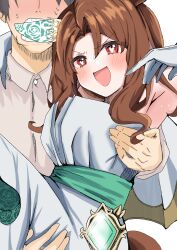 Rule 34 | 1boy, 1girl, absurdres, armpits, artist request, brown hair, carrying, commentary request, dress, ear covers, gloves, heart, heart-shaped pupils, highres, horse girl, king halo (evergreen identity) (umamusume), king halo (umamusume), neko koneko (user vtpr4825), official alternate costume, open mouth, princess carry, red eyes, single ear cover, symbol-shaped pupils, trainer (umamusume), umamusume, white dress, white gloves
