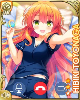 1girl arm_up barefoot bed bedroom blue_shirt blue_shorts card_(medium) character_name day fang girlfriend_(kari) green_eyes indoors lying mobile_phone on_back open_mouth orange_hair outstretched_arm pillow qp:flapper shirt shorts sleepwear smile tagme toyonaga_hibiki