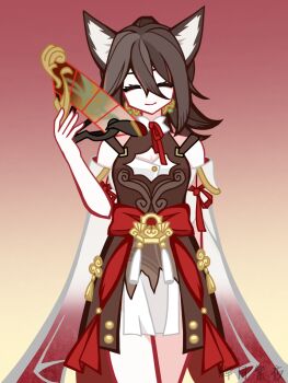 1girl animal_ears artist_name black_hair breasts brown_hair cat_girl chinese_commentary closed_eyes commentary_request dress facing_viewer fox_ears genius_invokation_tcg_(style) gradient_background hair_between_eyes highres holding honkai:_star_rail honkai_(series) long_hair simple_background smile solo tail tingyun_(honkai:_star_rail)