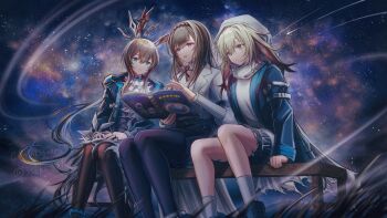 Rule 34 | 3 (sanyako1), 3girls, :d, amiya (arknights), animal ear fluff, animal ears, arknights, black jacket, black pantyhose, blue eyes, blue jacket, brown hair, brown pantyhose, closed mouth, commentary request, feet out of frame, grey jacket, hair between eyes, hierda (arknights), highres, jacket, long hair, multiple girls, night, on bench, open clothes, open jacket, open mouth, outdoors, pantyhose, ponytail, priestess (arknights), purple eyes, rabbit ears, shirt, sitting, sky, smile, star (sky), starry sky, twitter username, very long hair, white shirt