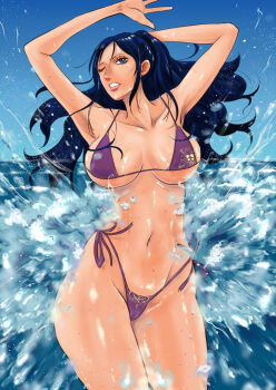 1girl arms_up bikini blue_eyes blue_hair breasts kakutou_oukoku large_breasts long_hair nico_robin one_eye_closed one_piece purple_bikini side-tie_bikini_bottom swimsuit water waves
