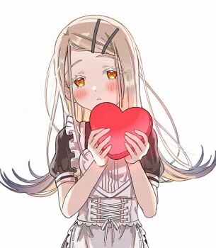 1girl apron blush commentary_request gakuen_idolmaster grey_hair heart idolmaster long_hair looking_at_viewer maid orange_eyes parted_lips rudee62421 shinosawa_hiro solo upper_body