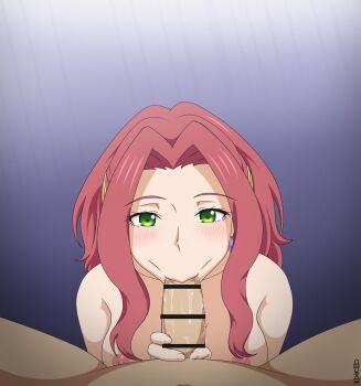 1boy 1girl :&gt;= artist_name bar_censor black_background blue_background blush breasts censored collarbone commentary completely_nude drooling erection eyelashes fellatio forehead gradient_background green_eyes hair_intakes hetero highres large_breasts long_hair looking_at_viewer malty_s_melromarc nipples nude omukade oral penis pointless_censoring red_hair saliva signature smile solo_focus spread_legs straight-on tate_no_yuusha_no_nariagari variant_set white_background