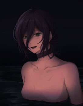 Rule 34 | 1girl, absurdres, ama kara 23, black choker, black hair, breasts, chainsaw man, choker, green eyes, hair between eyes, highres, no nipples, nude, open mouth, partially submerged, reze (chainsaw man), small breasts, solo