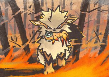 Rule 34 | arcanine, bamboo, bamboo forest, beads, biting, chi-yu (pokemon), fiery background, fire, fish, forest, forest fire, gen 1 pokemon, highres, holding with mouth, legendary pokemon, metikyun, mouth hold, nature, nintendo, pokemon, pokemon (creature), striped fur