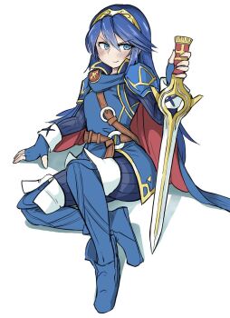 Rule 34 | 1girl, armor, belt, blue cape, blue eyes, blue footwear, blue gloves, blue hair, boots, cape, clenched hands, collared cape, crossed belts, eyelashes, falchion (fire emblem), female focus, fingerless gloves, fingernails, fire emblem, fire emblem awakening, flat chest, full body, gloves, hair between eyes, hair ornament, highres, holding, holding sword, holding weapon, intelligent systems, legs, light blush, long hair, looking to the side, lucina (fire emblem), matching hair/eyes, nintendo, on floor, parted bangs, planted, planted sword, planted weapon, shoulder armor, sidelocks, simple background, sitting, smile, sword, thigh boots, thighs, tiara, v-shaped eyebrows, weapon, white-stew, white background