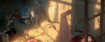 1girl absurdres ass azumarill bag_of_chips barefoot blue_archive blue_halo blush bottle bra character_request check_character comb crop_top crossover ear_blush feet_up gen_2_pokemon gen_7_pokemon grey_hair gun hair_down halo highres holding holding_phone indoors kerno lipstick long_hair lying makeup miyako_(blue_archive) nintendo on_stomach panties panty_peek phone pokemon pokemon_(creature) rowlet short_shorts shorts solo strap_slip submachine_gun suomi_kp/-31 the_pose toilet_paper underwear weapon