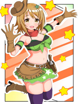 1girl armband boots breasts brown_gloves brown_hair cleavage commentary_request cosplay cowboy_hat gloves green_armband green_skirt gun handgun hat high_heel_boots high_heels highres idolmaster idolmaster_cinderella_girls midriff mimura_kanako ootsubo_yuka open_mouth purple_thighhighs red_scales revolver short_hair skirt smile solo strapless swallow_leftyp taiki_shuttle_(umamusume) taiki_shuttle_(umamusume)_(cosplay) taiki_shuttle_(wild_frontier)_(umamusume) thighhighs thighhighs_under_boots umamusume voice_actor_connection weapon
