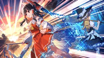 2girls apron ascot back_bow black_hat black_skirt black_vest blonde_hair bow broom brown_eyes brown_hair detached_sleeves frilled_bow frilled_hair_tubes frilled_skirt frills game_cg gohei hair_bow hair_tubes hakurei_reimu hat hat_bow highres holding holding_broom holding_gohei kirisame_marisa long_hair marisa_of_liartop_mountain multiple_girls non-web_source official_art open_mouth red_bow red_skirt ribbon-trimmed_skirt ribbon-trimmed_sleeves ribbon_trim second-party_source skirt skirt_set sun touhou vest waist_apron white_bow witch_hat yellow_ascot yellow_eyes zounose