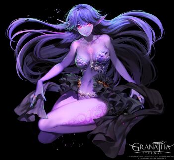 1girl armor bare_shoulders bikini_armor black_background blue_hair breasts caesty character_request collarbone colored_skin dated elf female_focus full_body glowing glowing_eyes granatha_eternal jewelry lips long_hair medium_breasts navel pink_eyes pointy_ears purple_skin purple_theme ring showgirl_skirt smile solo tattoo thighs very_long_hair