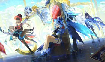 &gt;_&lt; 2boys 6+girls :d absurdres ahoge animal_ears ankle_boots ankle_cuffs aqua_bow aqua_bowtie ascot back-to-back balance_scale bare_shoulders between_fingers black_ascot black_boots black_corset black_gloves black_hat black_pantyhose black_shoes blonde_hair blue_bow blue_cape blue_coat blue_eyes blue_flower blue_gemstone blue_hair blue_hat blue_jacket blue_rose blue_skirt boots bow bowtie breasts brooch bustier cape card carrying carrying_person cat_ears cat_girl chinese_commentary clorinde_(genshin_impact) closed_mouth cloud coat commentary corset covered_mouth crossed_legs crown_hat day detached_sleeves dress drill_hair drill_sidelocks drop-shaped_pupils epaulettes expressionless facial_mark fatui_logo floating floating_card flower fold-over_boots frilled_skirt frills full_body furina_(genshin_impact) gem genshin_impact gloves grey_hair hair_between_eyes hair_bow hair_flower hair_ornament hair_over_one_eye halo halter_dress halterneck hand_to_own_mouth hat hat_feather hat_flower heterochromia highres holding holding_another&#039;s_wrist holding_card holding_hands huge_bow jacket jewelry juliet_sleeves knee_boots lace-up_boots long_hair long_sleeves looking_at_another looking_at_viewer looking_to_the_side low-tied_long_hair low_ponytail lumine_(genshin_impact) lynette_(genshin_impact) lyney_(genshin_impact) medium_breasts midair multicolored_hair multiple_boys multiple_girls navia_(genshin_impact) neuvillette_(genshin_impact) nnikko open_mouth paimon_(genshin_impact) pantyhose pencil_skirt pointy_ears ponytail puffy_sleeves pulling purple_eyes purple_hair red_bow red_bowtie romper rose scarf shirt shoes short_hair short_shorts shorts sidelocks sideways_glance sitting sitting_on_throne skirt sleeve_garter sleeveless sleeveless_shirt smile standing standing_on_one_leg star_(symbol) star_facial_mark streaked_hair symbol-shaped_pupils tailcoat teardrop_facial_mark thigh_boots thigh_strap tile_floor tiles top_hat tricorne umbrella very_long_hair vest water_drop weighing_scale white_boots white_dress white_flower white_gloves white_hair white_romper white_scarf white_shirt white_shorts white_sleeves white_vest yellow_eyes yellow_umbrella