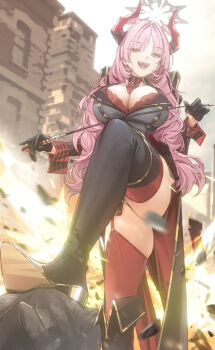 Rule 34 | 1girl, :d, absurdres, black boots, black gloves, black thighhighs, blue archive, boots, bra, bra peek, breasts, commentary request, convenient censoring, demon horns, drive shot, explosion, fangs, gloves, halo, highres, holding, holding riding crop, horns, large breasts, mole, mole on breast, necktie, open mouth, pink hair, red necktie, red thighhighs, riding crop, satsuki (blue archive), smile, solo, standing, thighhighs, thighs, underwear, yellow eyes