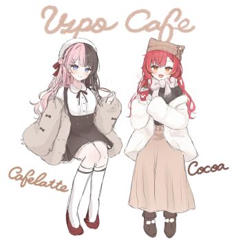 Rule 34 | 2girls, absurdres, alternate costume, animal ear headwear, beanie, beret, black dress, black ribbon, black sweater, blue eyes, blush, bow, brown hair, brown hat, brown jacket, brown shoes, brown skirt, center frills, closed mouth, cup, dress, earrings, fake animal ears, frills, full body, hair bun, hair ornament, hairclip, hat, heart, heart earrings, highres, holding, holding cup, hot chocolate, jacket, jacket partially removed, jewelry, kneehighs, latte art, long hair, long skirt, long sleeves, looking at viewer, maruwo pu, mug, multicolored hair, multiple girls, neck ribbon, nekota tsuna, off shoulder, open mouth, orange hair, pinafore dress, pink hair, pom pom footwear, red eyes, red hair, red shoes, ribbed sweater, ribbon, scarf, scarf bow, shirt, shoes, simple background, skirt, sleeveless, sleeveless dress, smile, socks, split-color hair, sweater, tachibana hinano, tongue, two-tone hair, virtual youtuber, vspo!, white background, white jacket, white shirt, white socks