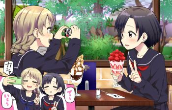 2girls =_= black_hair black_shirt black_skirt blue_neckerchief blush brown_hair chair food ice_cream ice_cream_spoon idolmaster idolmaster_cinderella_girls indoors menu morikubo_nono multiple_girls neckerchief okachi open_mouth red_neckerchief sailor_collar school_swimsuit school_uniform selfie shiragiku_hotaru shirt short_hair sitting skirt smile sound_effects spoon sundae swimsuit table taking_picture tree v wavy_mouth window