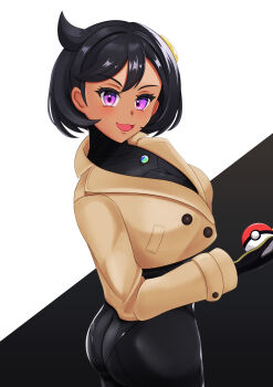 1girl ass black_hair blush bodysuit dark-skinned_female dark_skin emma_(pokemon) gloves jacket long_hair long_sleeves looking_at_viewer nintendo poke_ball pokemon pokemon_legends:_z-a purple_eyes short_hair tyun_tyun828 white_background
