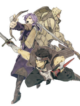 3boys 91007 armor black_hair brown_hair closed_eyes closed_mouth commentary_request fire_emblem fire_emblem_echoes:_shadows_of_valentia helmet highres kamui_(fire_emblem) leon_(fire_emblem_echoes) male_focus multiple_boys nintendo open_mouth purple_hair valbar_(fire_emblem)