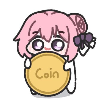 :3 bow closed_mouth coin creature doro_(nikke) full_body goddess_of_victory:_nikke gold_coin hair_bow hair_bun highres holding holding_coin looking_at_viewer lulalang oversized_object pink_hair purple_bow purple_eyes short_hair simple_background single_hair_bun smile solo standing white_background