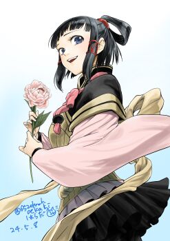 1girl black_hair black_pantyhose black_skirt blue_eyes bow dated flower gensou_suikoden gensou_suikoden_v hair_ornament hair_rings highres hnahoekaki long_sleeves lyon_(suikoden) open_mouth pantyhose pink_bow pink_flower short_hair simple_background skirt smile solo wide_sleeves