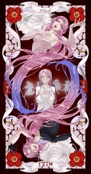 1girl absurdres alien_stage asymmetrical_gloves black_dress black_gloves blue_hair character_name commentary dress english_commentary english_text flower forehead_jewel gloves gradient_hair highres holding holding_flower long_hair long_sleeves mizi_(alien_stage) multicolored_hair open_mouth pink_hair qiuyin red_flower sleeveless sleeveless_dress turtleneck turtleneck_dress two-tone_hair uneven_gloves very_long_hair white_dress yellow_eyes