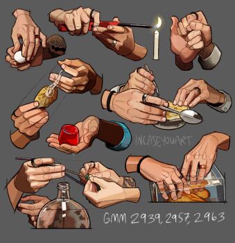 Rule 34 | 6+others, anatomy study, art study, artist name, bottle, box, bread, candle, commentary, disembodied hand, english commentary, fire, food, gelatin, good mythical morning, grey background, hand focus, highres, holding, holding food, holding hands, holding lighter, holding spoon, lighter, multiple others, original, photo-referenced, simple background, spoon, victoria putinski