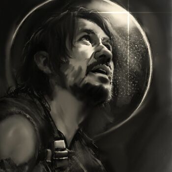 Rule 34 | 1boy, beard, belt, commentary, english commentary, facial hair, glint, greyscale, iron lung (movie), justanotherrandomwriter, looking up, male focus, medium hair, monochrome, moon behind head, parted lips, portrait, sidelighting, simon (iron lung), solo, sparkle, teeth, tunic, upper teeth only, wavy hair